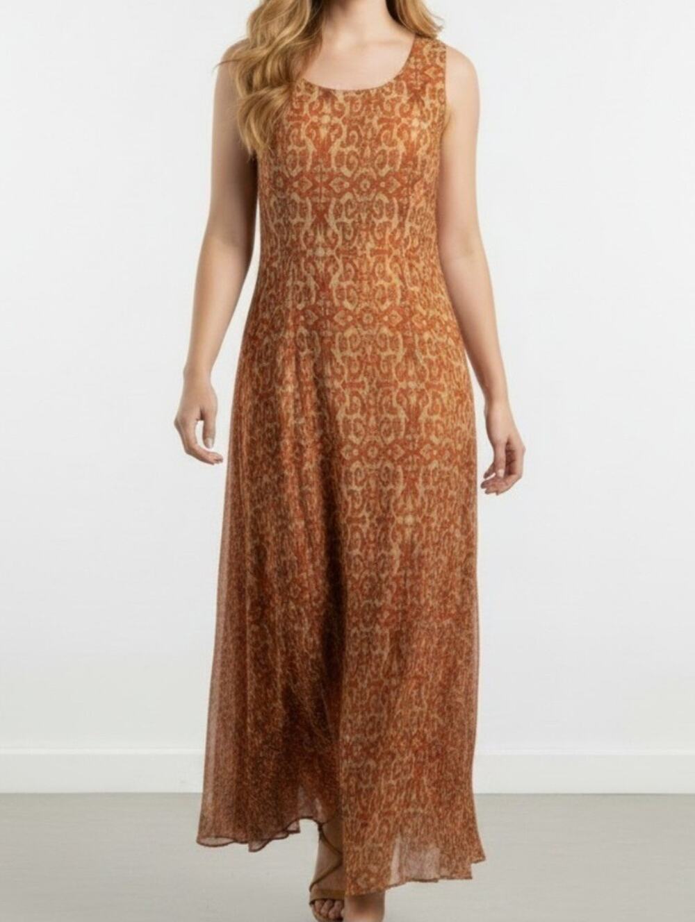 Vtg CHARTER CLUB Woman Earthy Tribal Print Silk Sleeveless Maxi Dress Size 20W